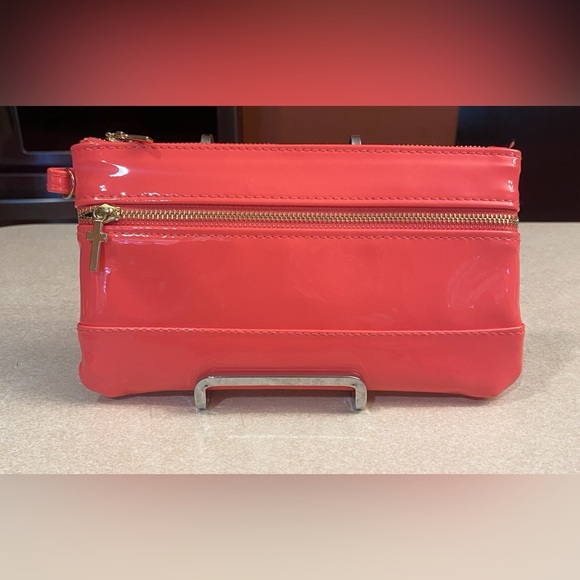Coral/Peach Patent Leather Pouch w/Gold Tone Cross Charm Zipper Pulls, NWOT - Picture 1 of 12